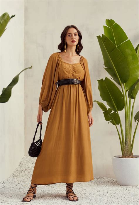 MALIBU-02 DESERT TAN COLOR VISCOSE CREPE ANKLE LENGTH DRESS WITH ...