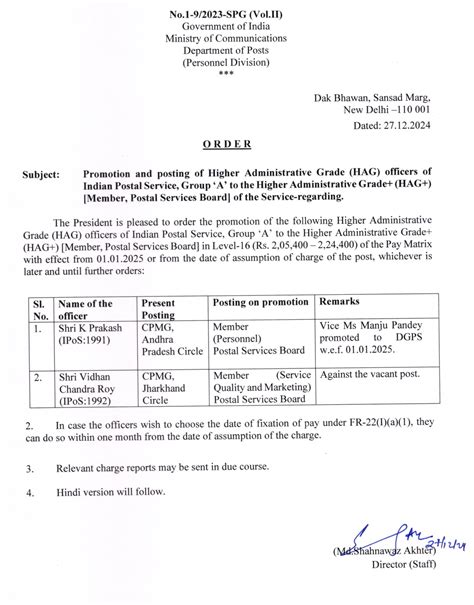 Promotion and posting of Higher Administrative Grade (HAG+) in DOP