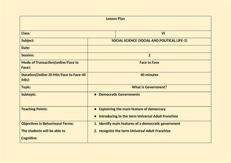 AD LP1 - Lesson Plan Class: VI Subject: SOCIAL SCIENCE (SOCIAL AND ...