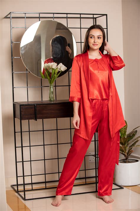 Buy Red Satin Night Suit With Robe Online From Private Lives