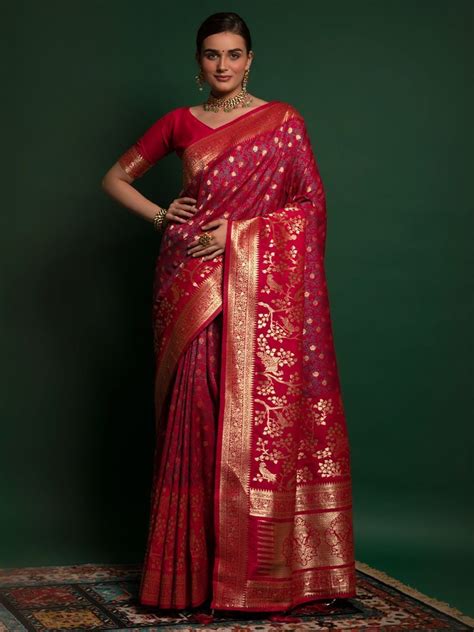 Buy Red Zari Weaving Silk Festive Saree Online At Ethnic Plus
