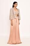 Buy Peach , Satin Embroidery, Beads Sweetheart Neck, Jacket Sharara Set ...
