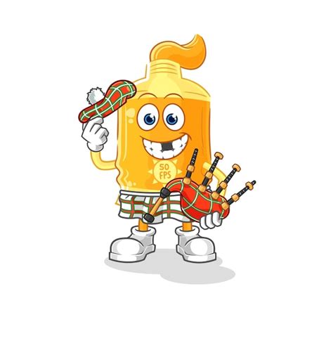 Sunscreen scottish with bagpipes vector cartoon character | Premium Vector