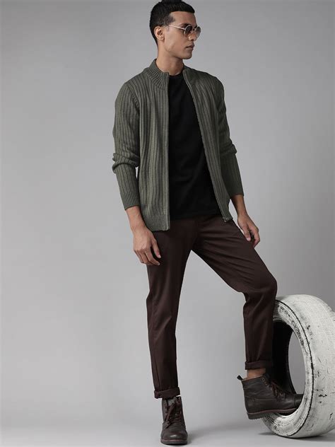 Roadster Men Olive Green Self-Striped Cardigan - Price History