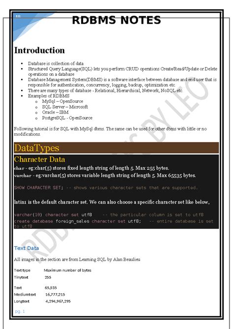 Sql Rdbms Notes - RDBMS NOTES Introduction Database is collection of ...