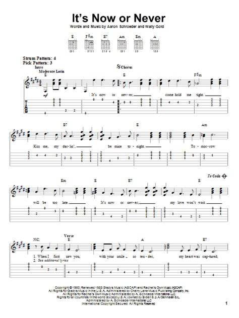 It's Now Or Never sheet music by Elvis Presley (Easy Guitar Tab – 75206)