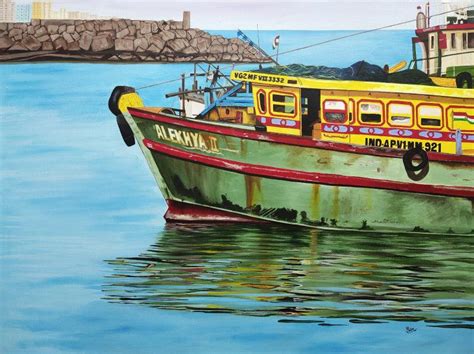 "Vizag Harbour 2": Yellow Green Acrylic Painting by Shiva Prasad Reddy ...