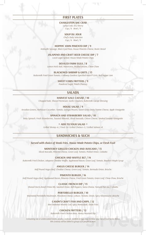 Menu for Piedmont Dining Room in Pine Mountain, GA | Sirved