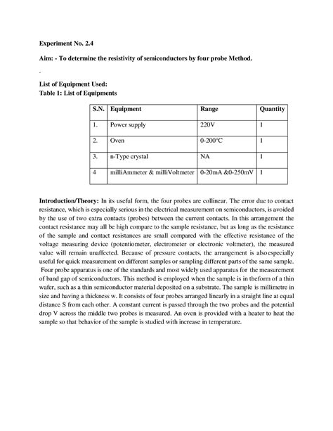 Experiment 2.4 Four probe - Experiment No. 2. Aim: - To determine the ...
