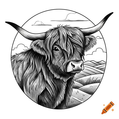 A black and white drawing tutorial showing a detailed Highland cow and ...