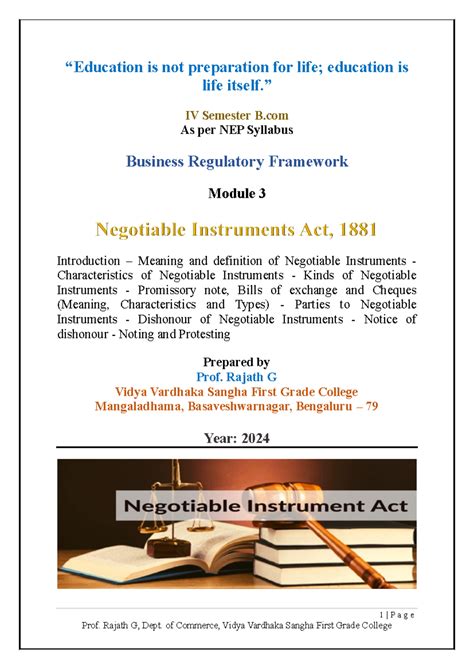 BRF B.Com IV Sem: Negotiable Instruments Act, 1881 Notes - Studocu