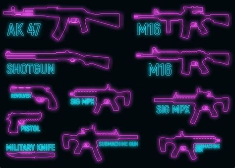 Neon set silhouette arma militare fucile | Vettore Premium