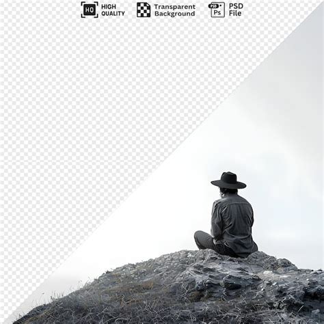 A lone man in a hat sits on a rocky hilltop looking at the hazy horizon ...