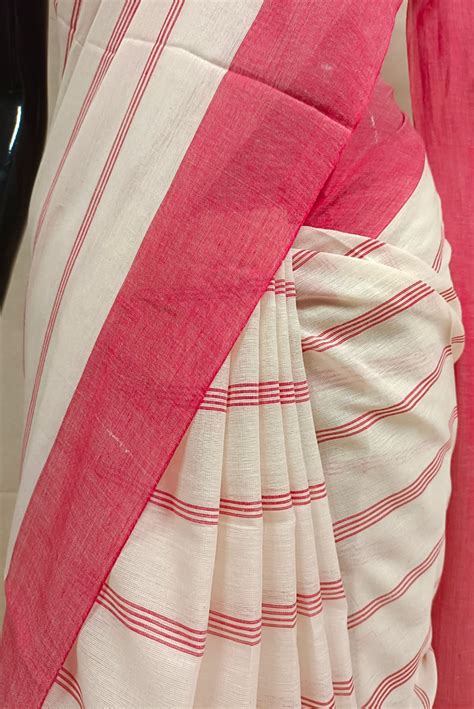 Off-White Soft Handloom traditional Dhonekali Stripes Cotton Saree ...