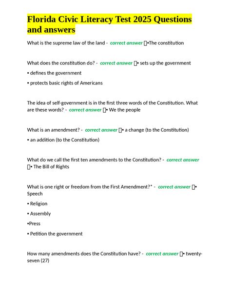Florida Civic Literacy Test 2025: Questions and Answers | Exams Law ...