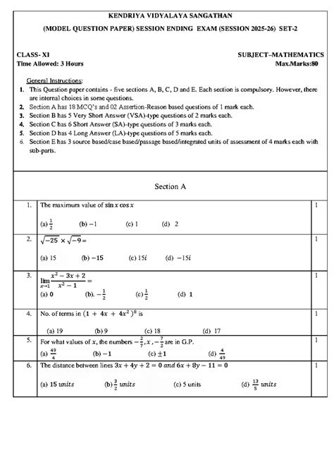 KVS Model Question Paper for Session Ending Exam (Class XI) - Studocu