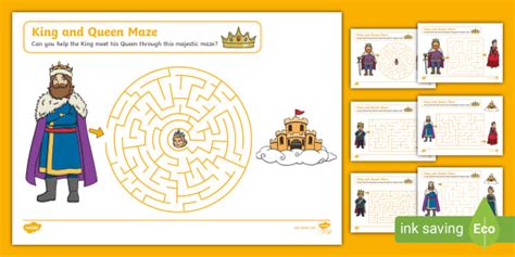 King and Queen Maze Activity Worksheets for children.