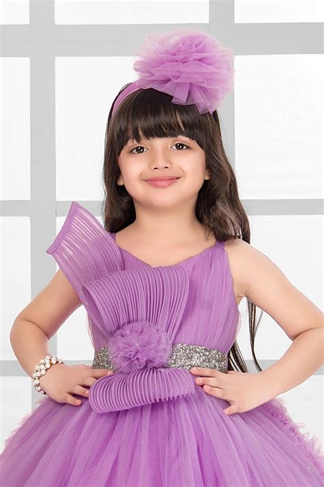 Lavender Embellished Party Wear Frock with Pleated Bodice and 3D Ruffl ...