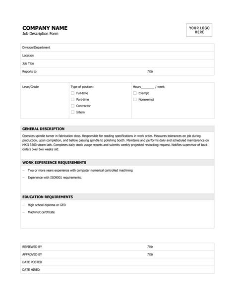 Image result for Job Description Form Template