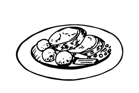 Hand-drawn simple vector black and white drawing. Plate with food, meat ...