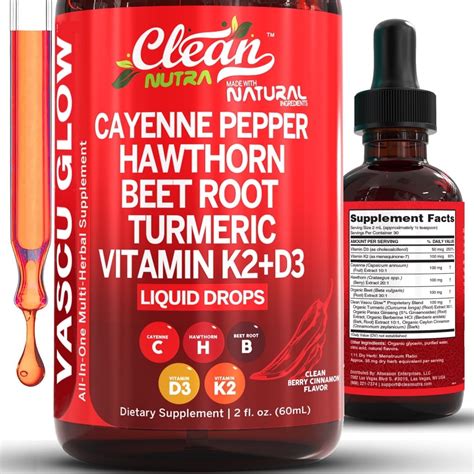 Cayenne Pepper Supplement Liquid Drops + Hawthorn Berry, Vitamin D3 K2 Beet Root Powder, Ceylon ...