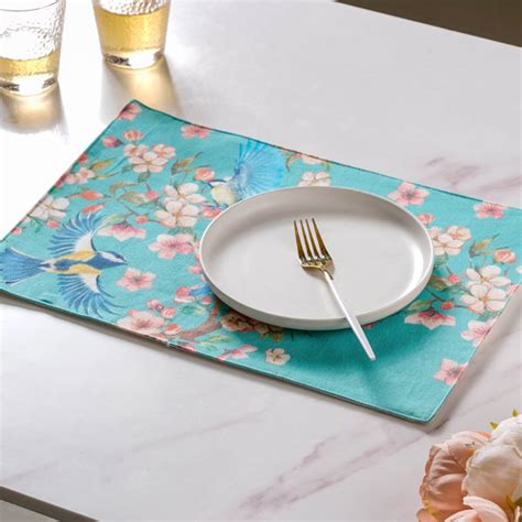 Birds Blossoms Cotton Printed Table Mat Blue Set Of 2 Online - Premium ...