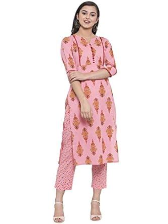 Buy INDIBELLE Women's Cotton Pink Block Print Yoke Detailing Straight ...