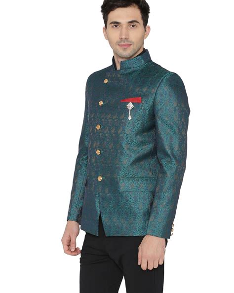 Buy Green WINTAGE Textured Single-Breasted Blazer with Mandarin Collar ...