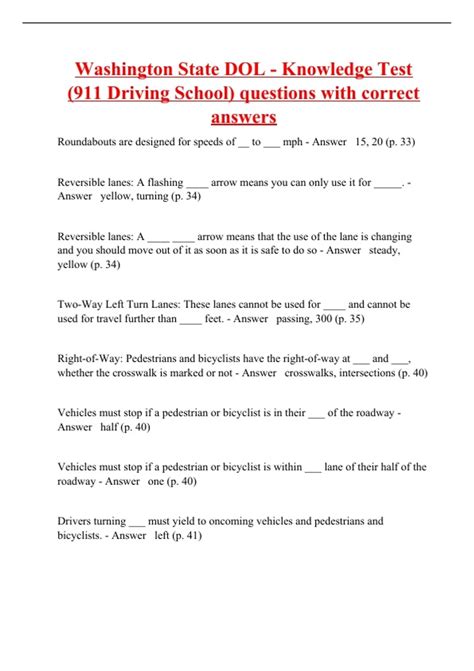Washington State DOL - Knowledge Test (911 Driving School) questions ...