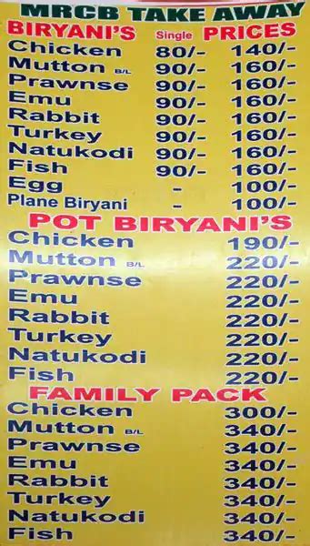 Menu at MRCB Restaurant, Secunderabad, Loyola College Road