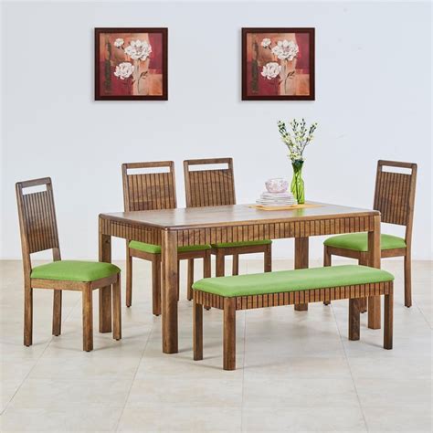 Buy Olivia Mango Wood 6-Seater Dining Set with Chairs and Bench - Brown ...