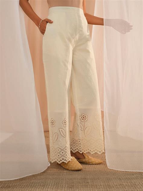Buy Off White Embroidered Cotton Wide Leg Palazzos Online at Rs.839 | Libas