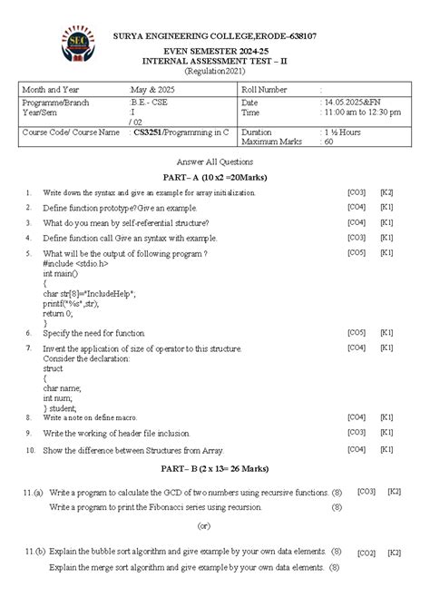 CSE I 02 Even Sem Internal Assessment Test II Notes - Studocu