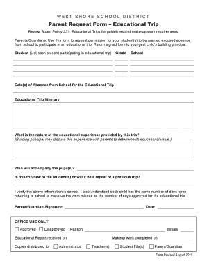 Fillable Online Parent Request FormEducational Trip - eSchoolView Fax ...