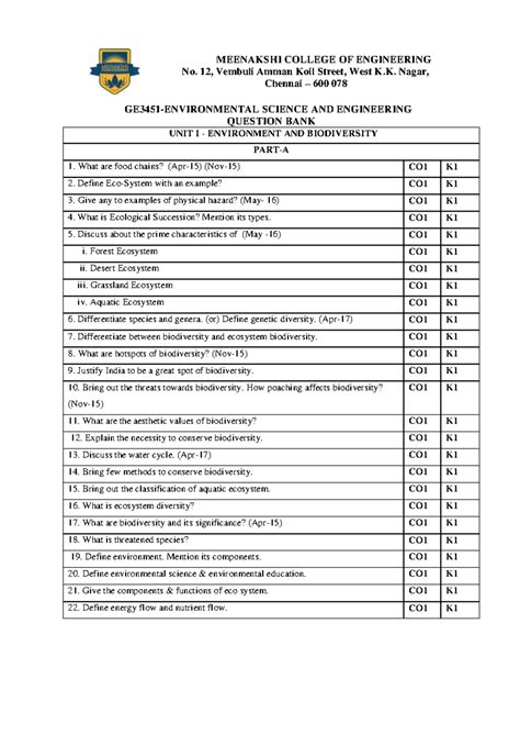 GE3451-ENVIRONMENTAL SCIENCE & ENGINEERING QB: 2 & 8 Marks Unit-wise ...