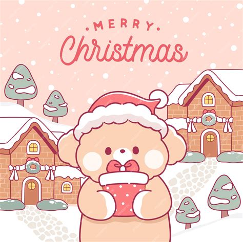 Merry christmas greeting card with cute animals kawaii cartoon ...
