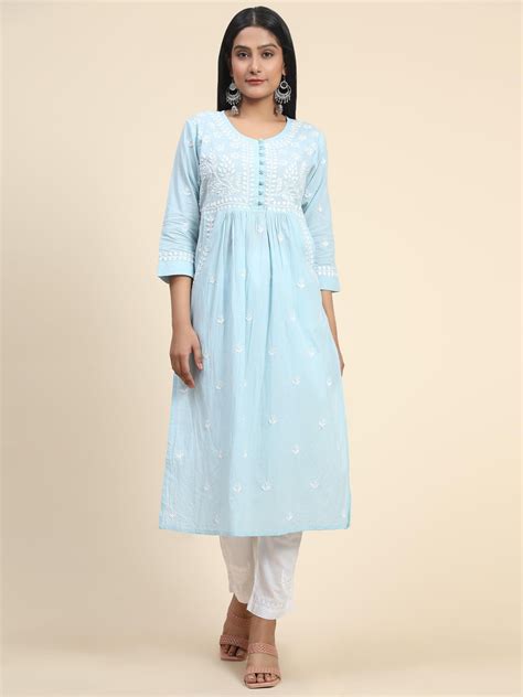 Chikankari Hand embroidery Round neck Dress with Pocket- Sky Blue ...