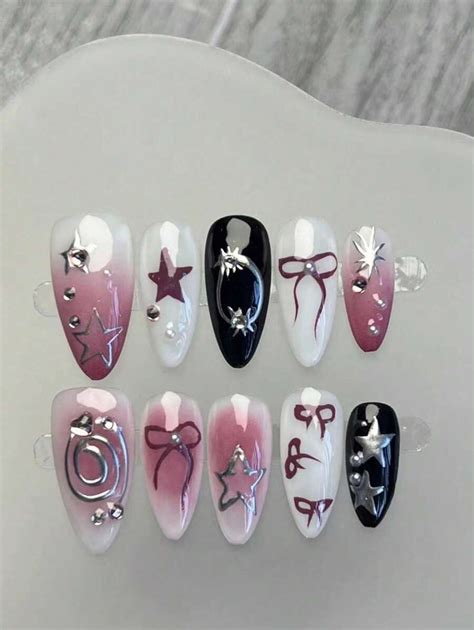 10 Long Almond Toenails Hand-Painted Purple Blush Stars, Bow Design ...