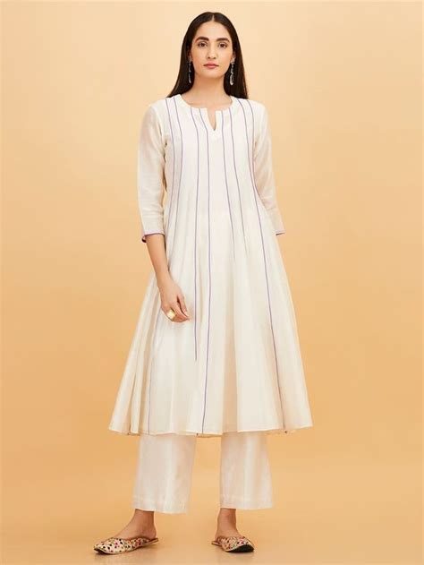 Buy Off White Chanderi Kurta with Palazzo and Purple Hand Block Printed ...