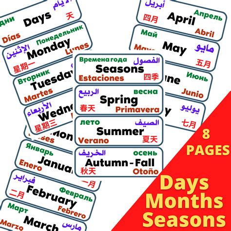 Multilingual Days Months Seasons Labels English Chinese Arabic Russian ...