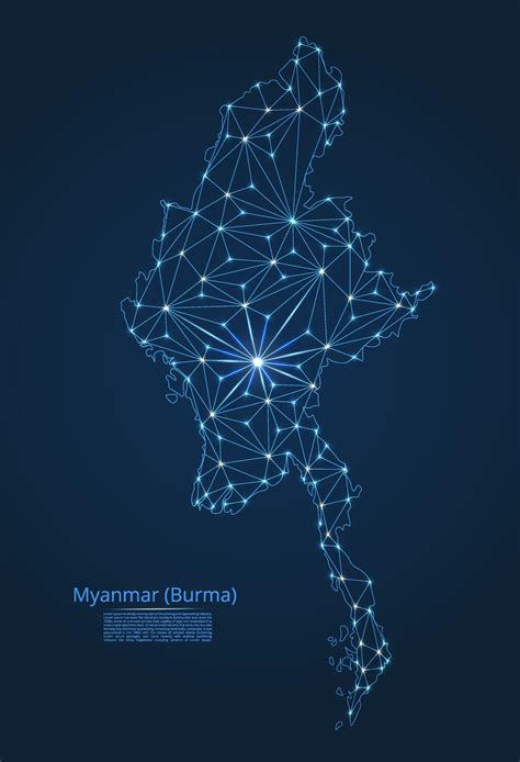 Map of Myanmar, Burma connection. low-poly image of a global map with lights in the form of ...