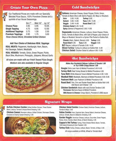 Carta de pizzería Cappza's Pizza, Waterville, 10 Waterville Commons Dr