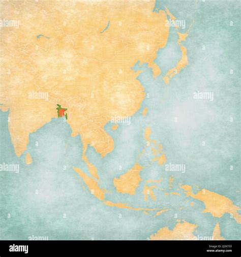 Bangladesh (Bangladeshi flag) on the map of East and Southeast Asia in soft grunge and vintage ...