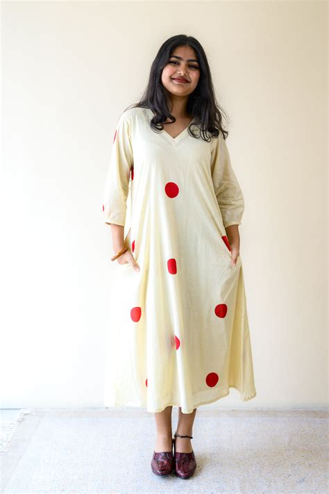 Red Polka Dots Cream Sanganeri Cotton Aline Kurta- Lobha Deepthis