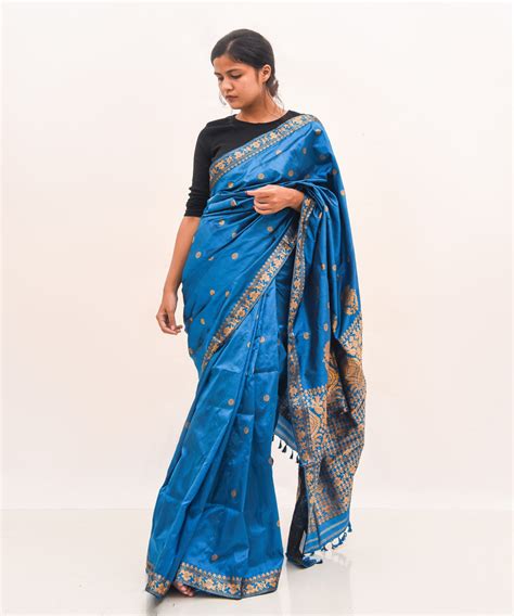 Purbashree dark blue handwoven mulberry silk assam saree – GoSwadeshi