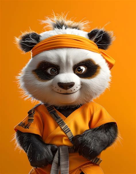 Clothing orange karate uniform and headband on panda bear | Premium AI ...