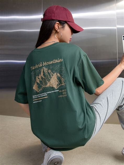 Mountain & Slogan Graphic Drop Shoulder Tee | Dark green shirt, Tees, T ...