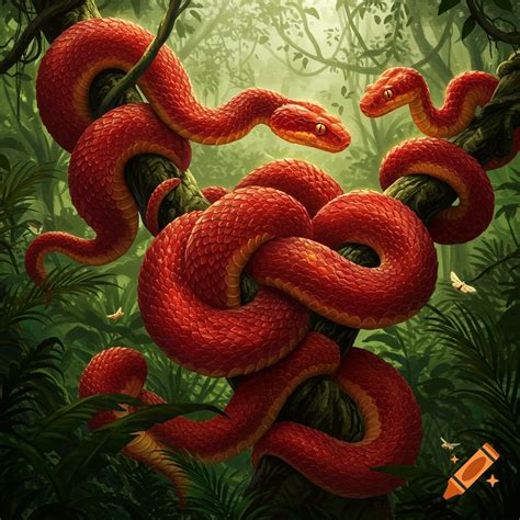 Two vibrant red snakes with yellow eyes coiled around dark tree ...