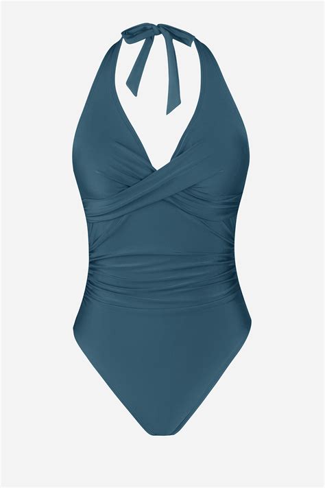 Ruched Twist-Front Halter One Piece Swimsuit