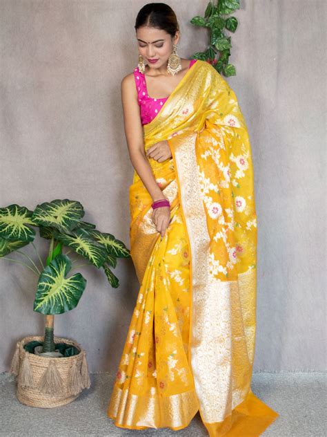 Banarasi Shaded Semi Silk Saree With Jaal Zari & Meena Weaving-Yellow ...